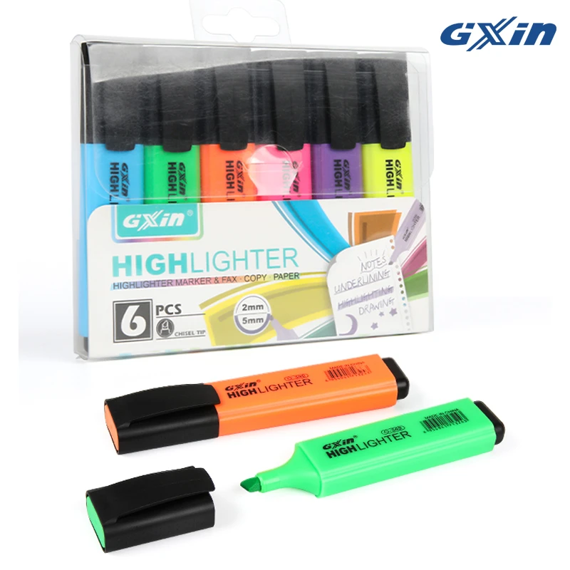 GXIN Professional Highlighter 6 Colors Chisel Tip , Water-Based, Non-Toxic Ink, Fast-Drying (G-342)